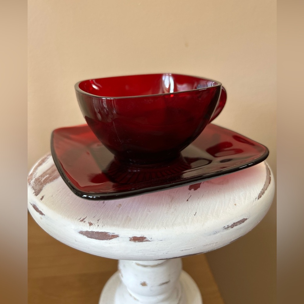 Charm Ruby Red Fire King square Cup And Saucer Set by Anchor Hocking 1950-1956